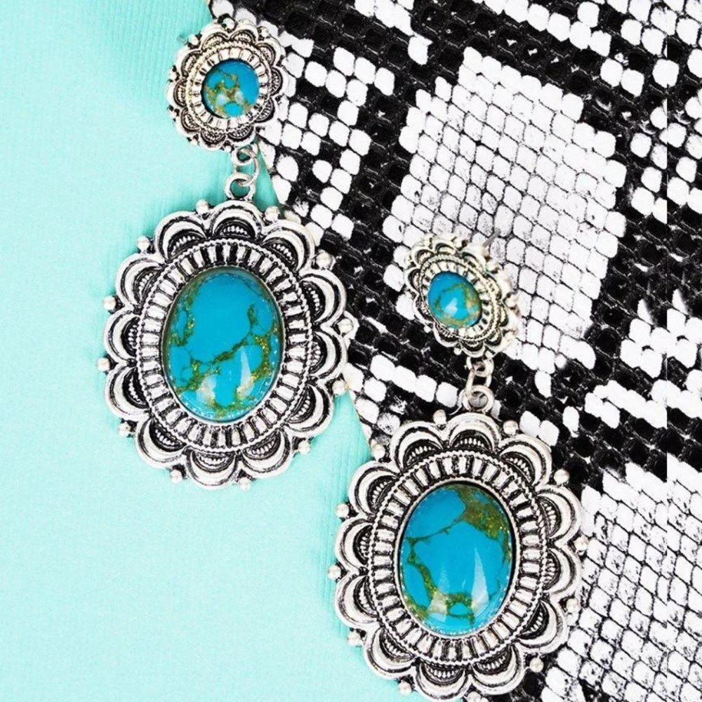 HIPPIE Turquoise & Silver Concho Medallion Western Earrings‎ NWT
